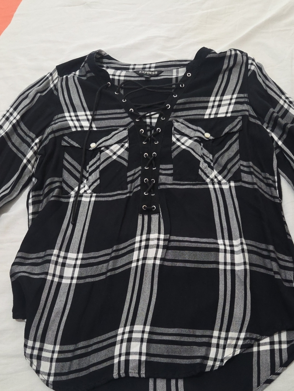 Express Black & White Lace-Up Plaid Tunic Top